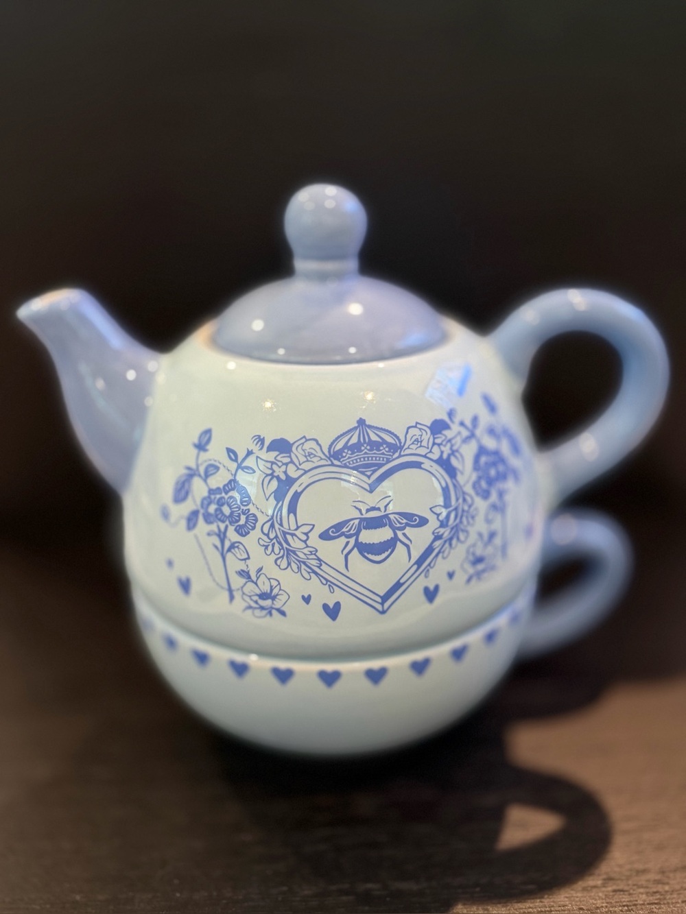 Blue Bee Heart Ceramic Teapot and Cup Set